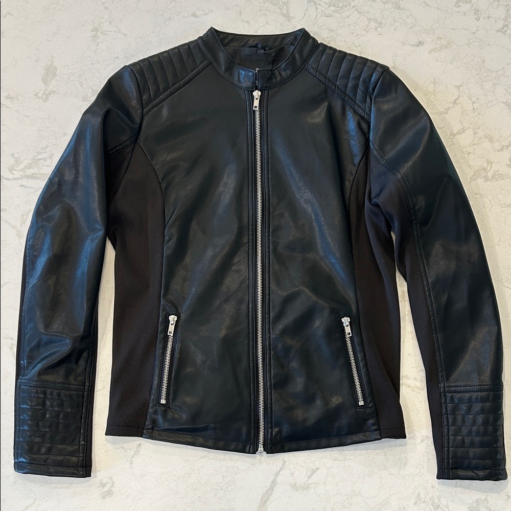 A.N.A. Black Faux Leather Ribbed Moto Biker Mobwife Goth Jacket Coat Small Women